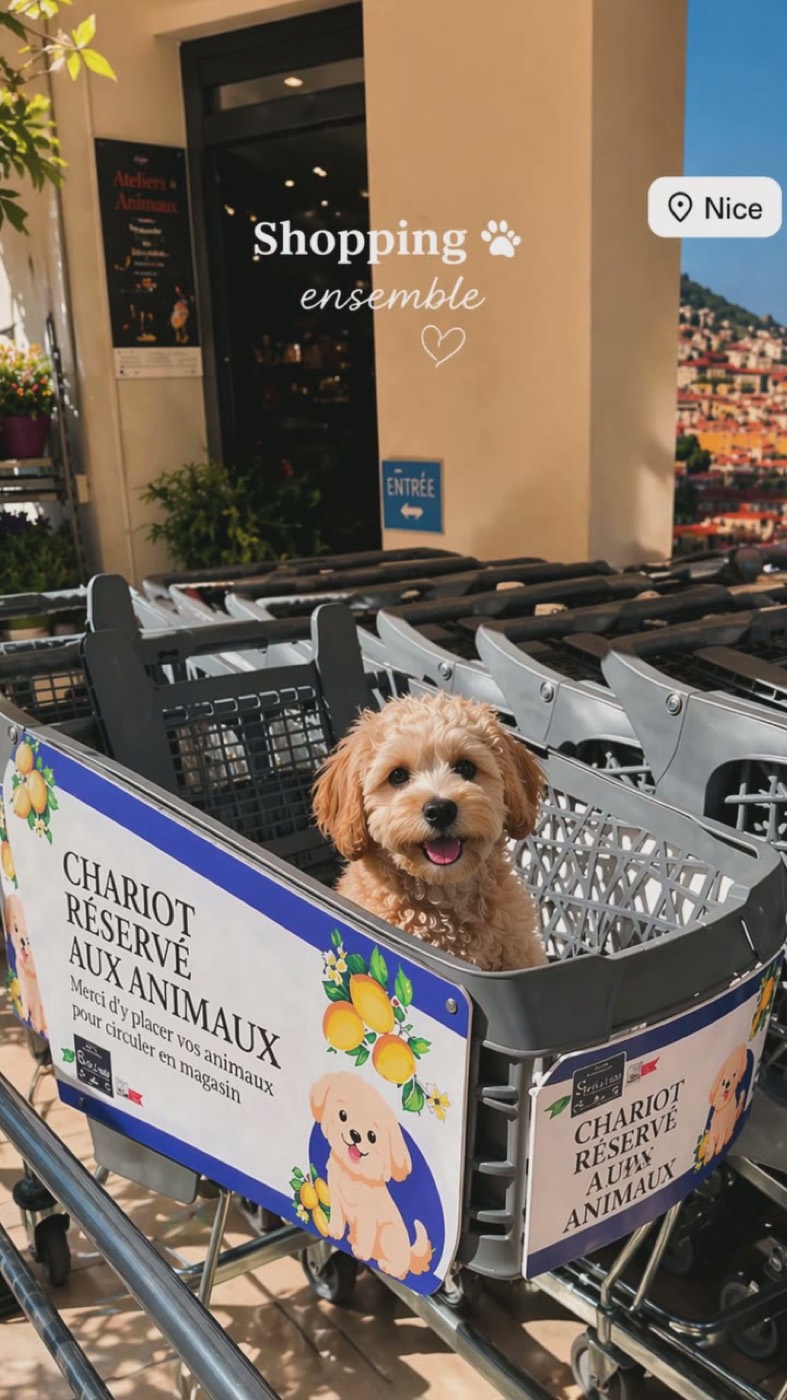 Chien dans le chariot réservé aux animaux devant la boutique Spesa Italia à Nice — magasin dog friendly