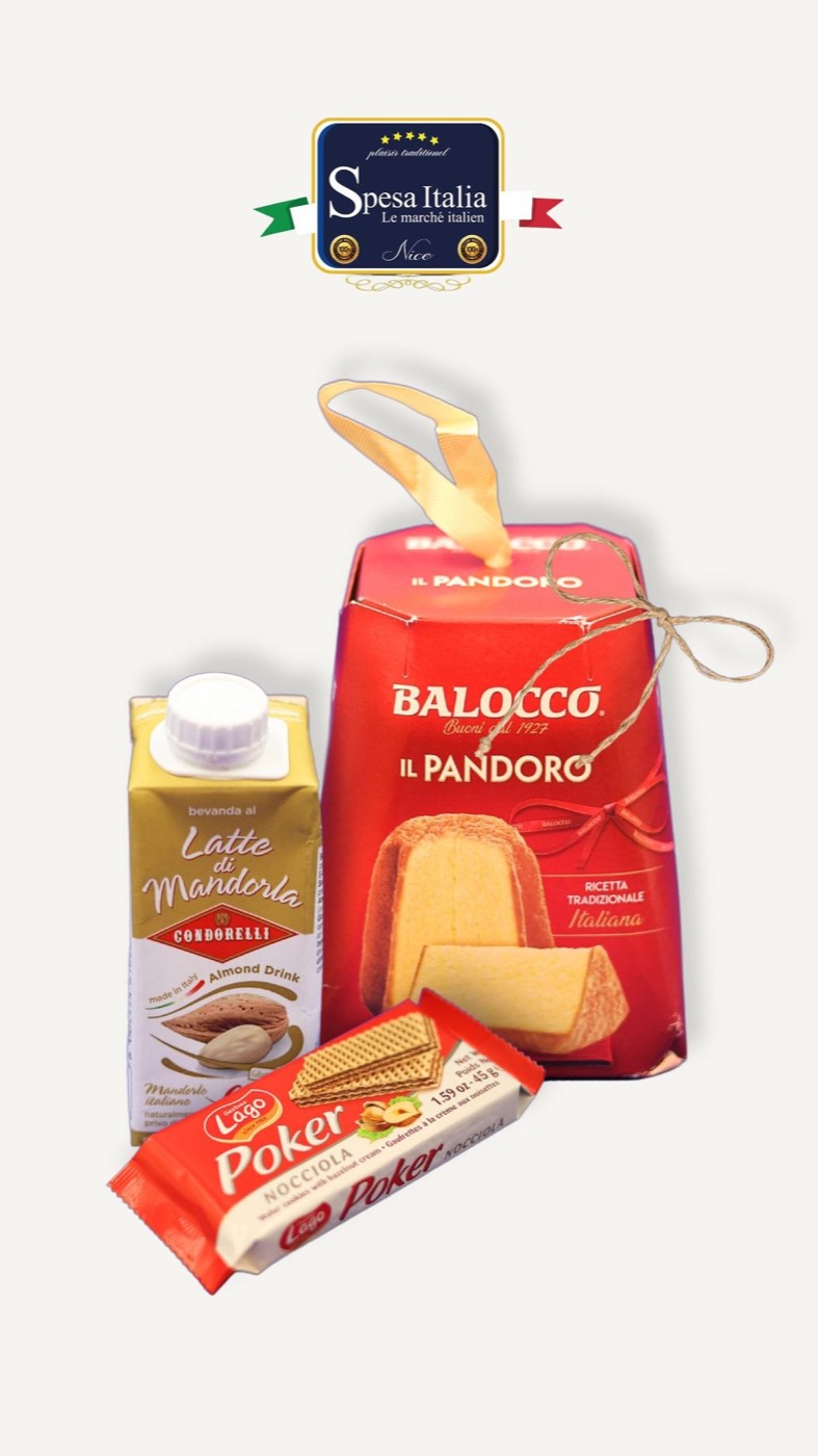 Pandoro Balocco, latte di mandorla Condorelli et gaufrettes Poker — douceurs italiennes Spesa Italia